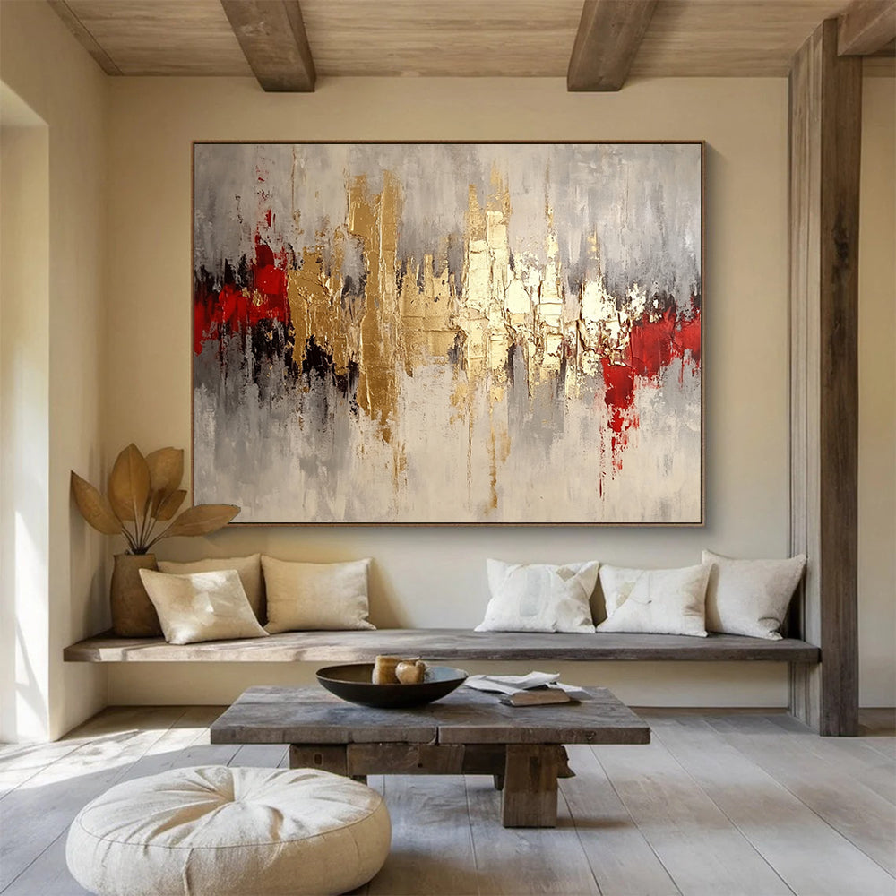 “Gilded Cityscape” - Gold, Gray, Red, Textured Abstract Skyline Painting On Canvas HB1042