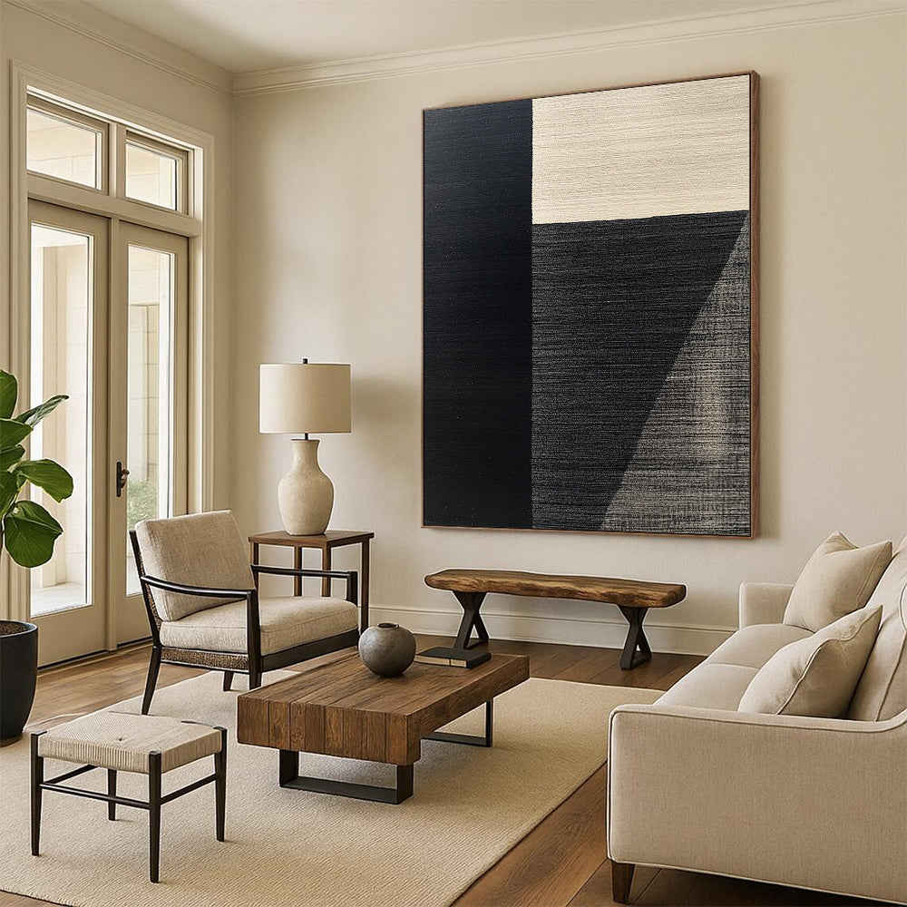 Contemporary hand-painted abstract art featuring a black and gray minimalist rug design inspired by Picasso with elegant composition and harmonious color palette. DLZ1536