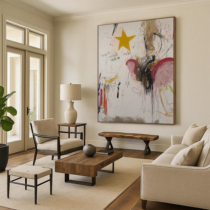 Large contemporary hand-painted abstract artwork featuring an angel with vibrant colors whimsical designs and a yellow star on a white background. DLZ0858