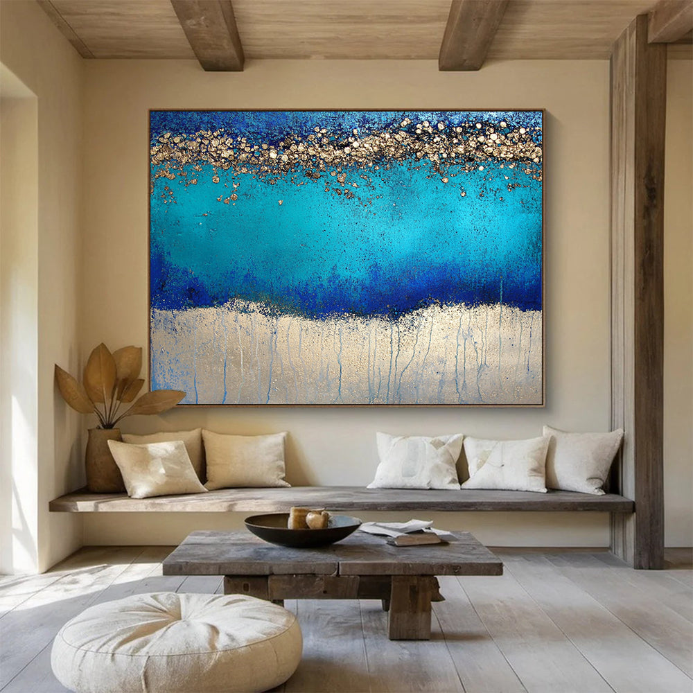 “Blue and Gold Sparkle” - Rich Blues, Shimmering Golds, Textured Abstract Layers - Mixed - Media Painting HB1753