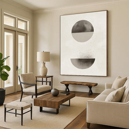 Contemporary abstract artwork features a minimalist Japandi design with muted gray and beige tones and harmonious circle and half-circle shapes. DLZ1346