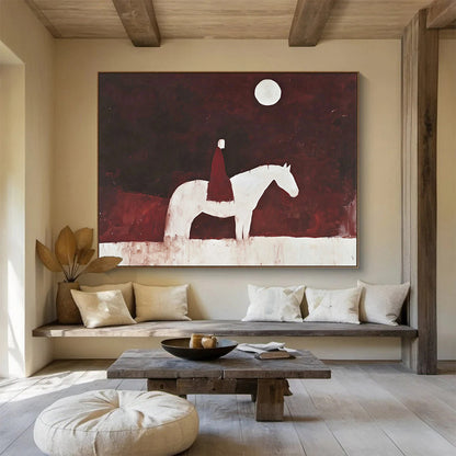 “Moonlit Rider on White Horse” - Dark Red, White, Figurative, Night Sky Painting On Canvas HB0772
