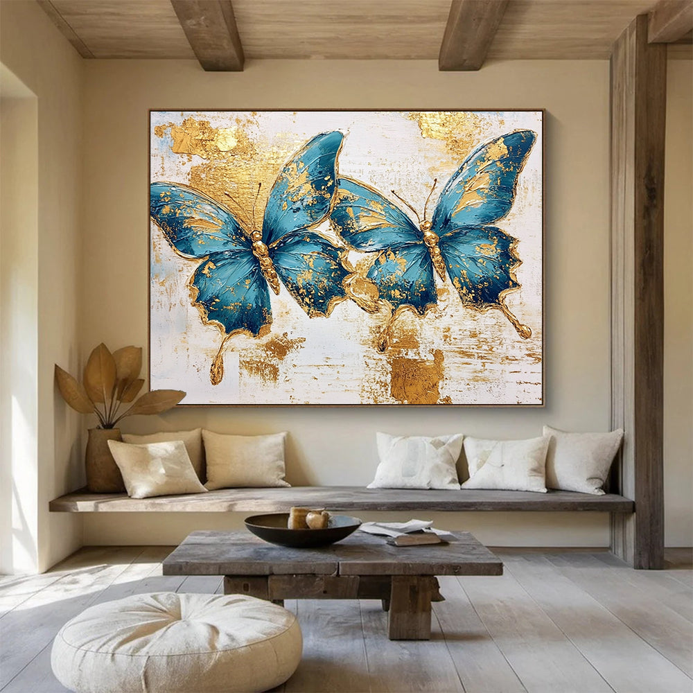 “Blue Butterflies With Gold” - Blue, Gold, White, Textured Floral - Animal Painting On Canvas HB0685