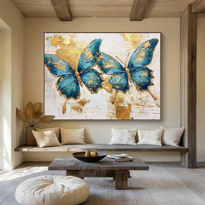 “Blue Butterflies With Gold” - Blue, Gold, White, Textured Floral - Animal Painting On Canvas HB0685