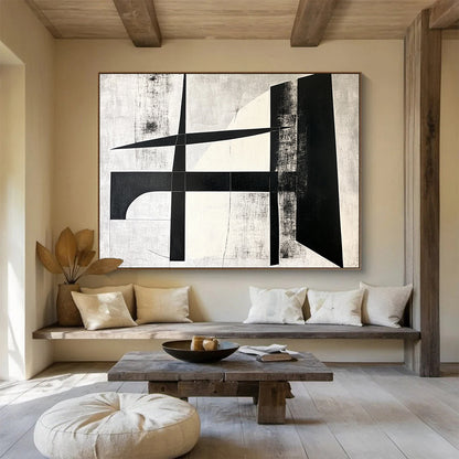 Geometric Black and White Cross - Precision Abstract Painting On Canvas HB0464