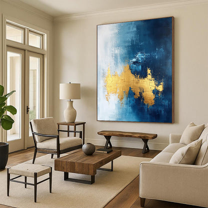 Contemporary abstract painting features gold leafing on a dark blue white and light gray background with elegant brush strokes and a sophisticated texture. DLZ0334