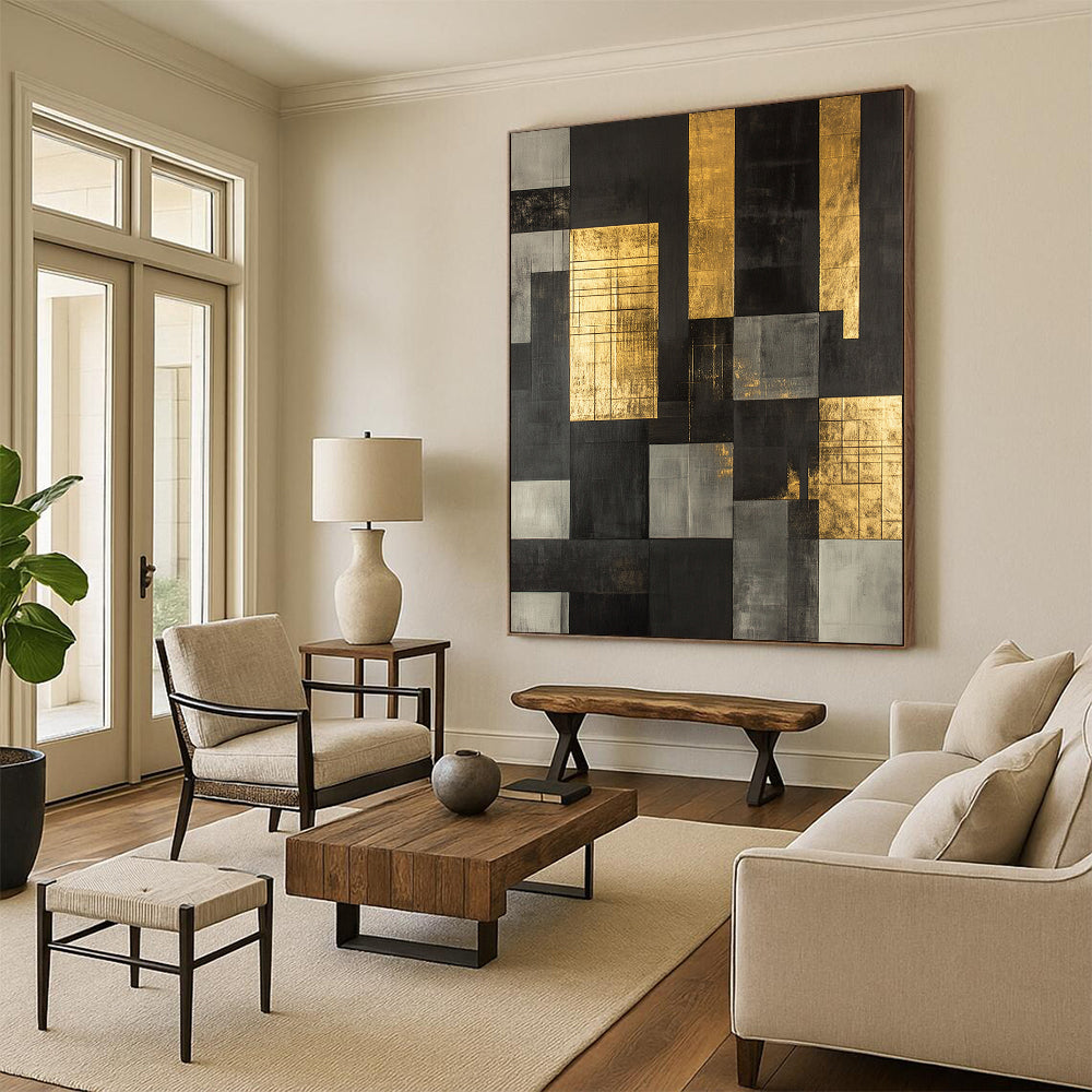 Black, Gray, Gold with Grid Patterns "Structured Glow" Abstract Painting On Canvas HB008