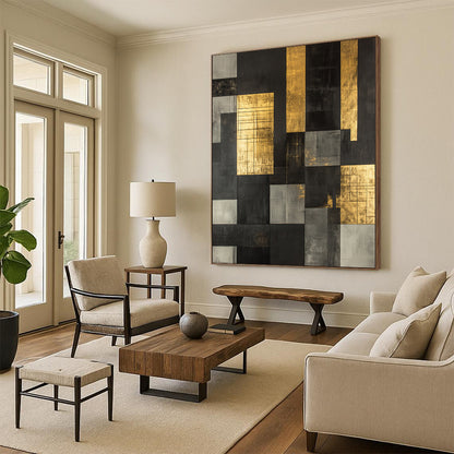 Black, Gray, Gold with Grid Patterns "Structured Glow" Abstract Painting On Canvas HB008
