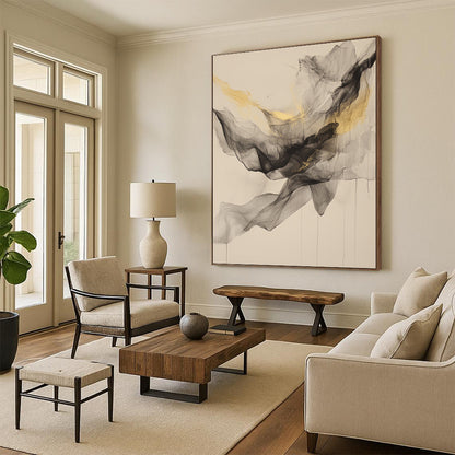 Beige, Gray, Gold, Flowing Shapes "Golden Veil" Abstract Painting On Canvas HB027