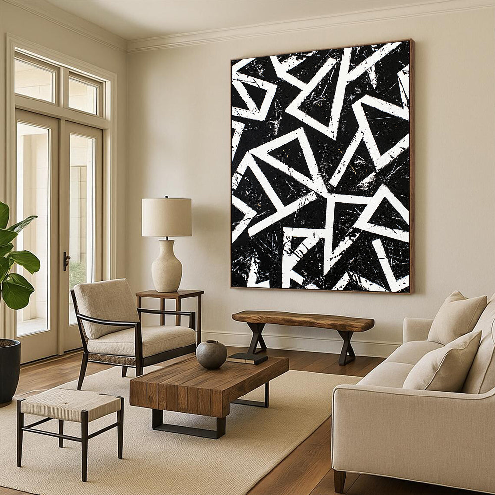 Black, White, Geometric Triangles "Monochrome Maze" Abstract Op - Art Painting On Canvas HB108