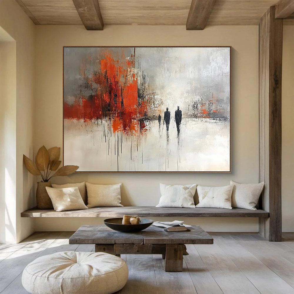 “Urban Stroll” - Gray, Orange, Black, Abstract Figures in Cityscape Painting On Canvas HB1052