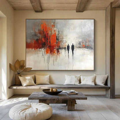 “Urban Stroll” - Gray, Orange, Black, Abstract Figures in Cityscape Painting On Canvas HB1052