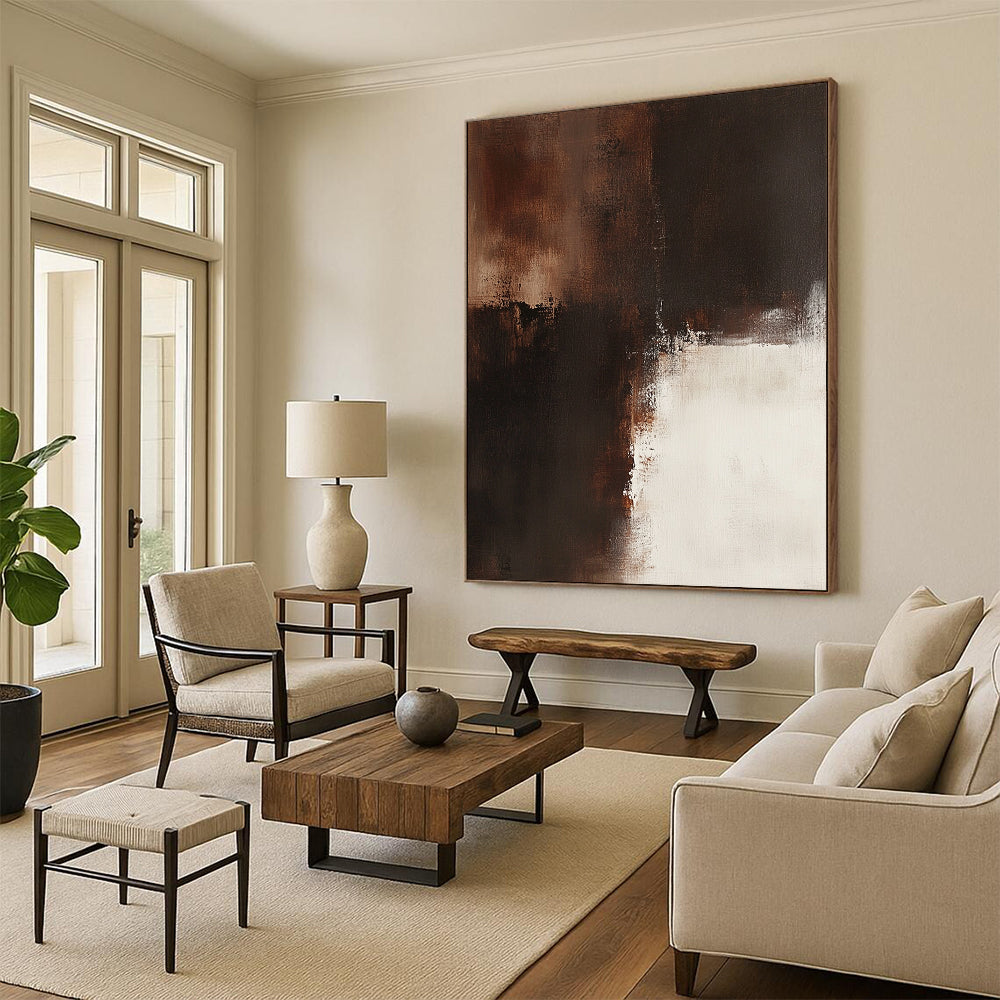 Big contemporary hand-painted abstract artwork featuring a brown and white palette on a beige background with dark bronze details expressing emotional depth and vintage texture. DLZ0566
