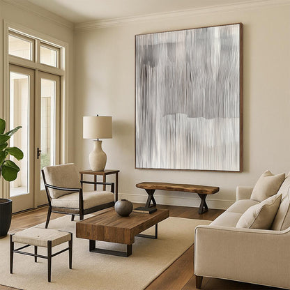 Contemporary hand-painted abstract art featuring undulating grey and white vertical stripes, evoking tranquility and capturing nature's beauty through textured geometric patterns. DLZ0862