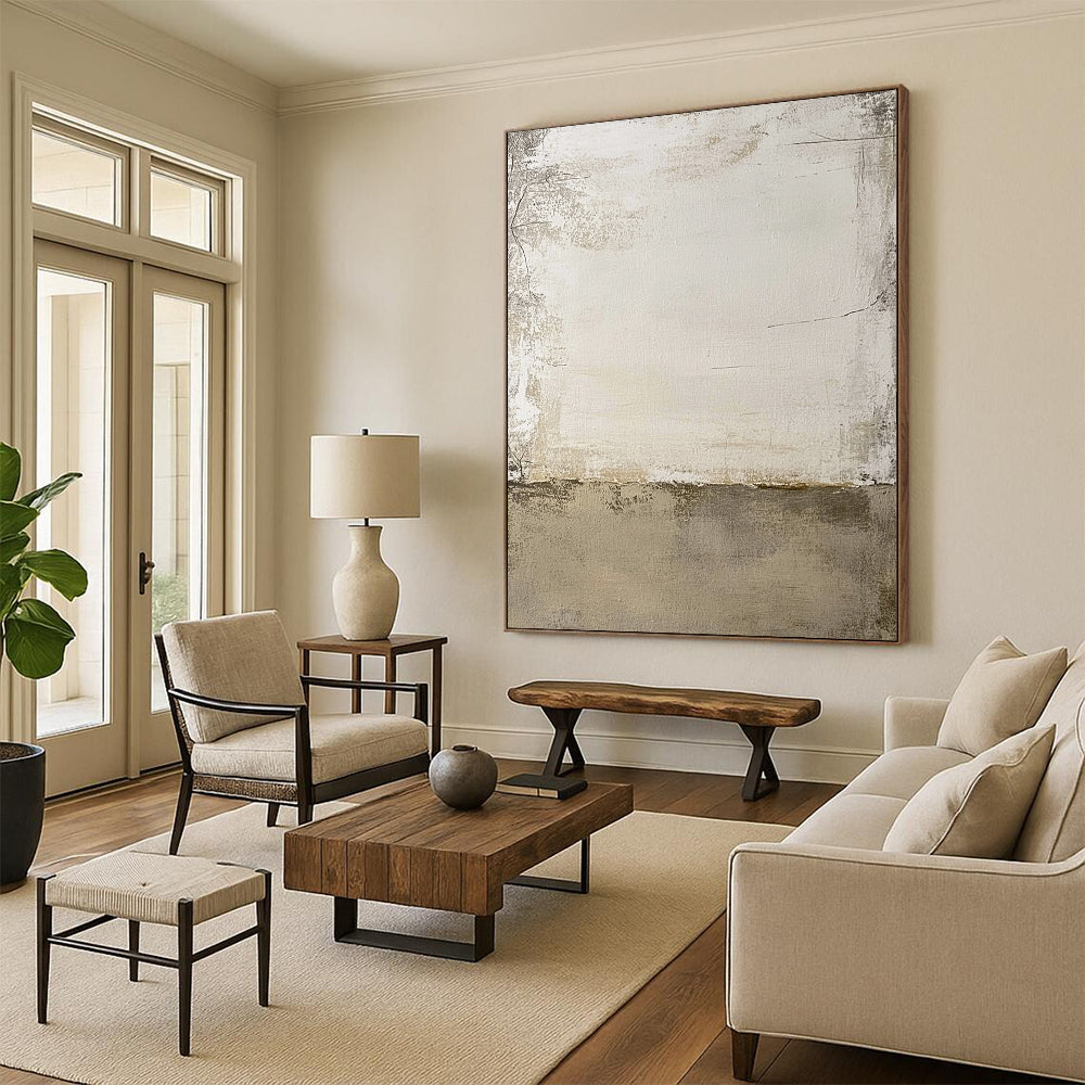 Contemporary hand-painted abstract art featuring textured beige and white tones with a rugged design and a central light gray area for versatility. DLZ1174