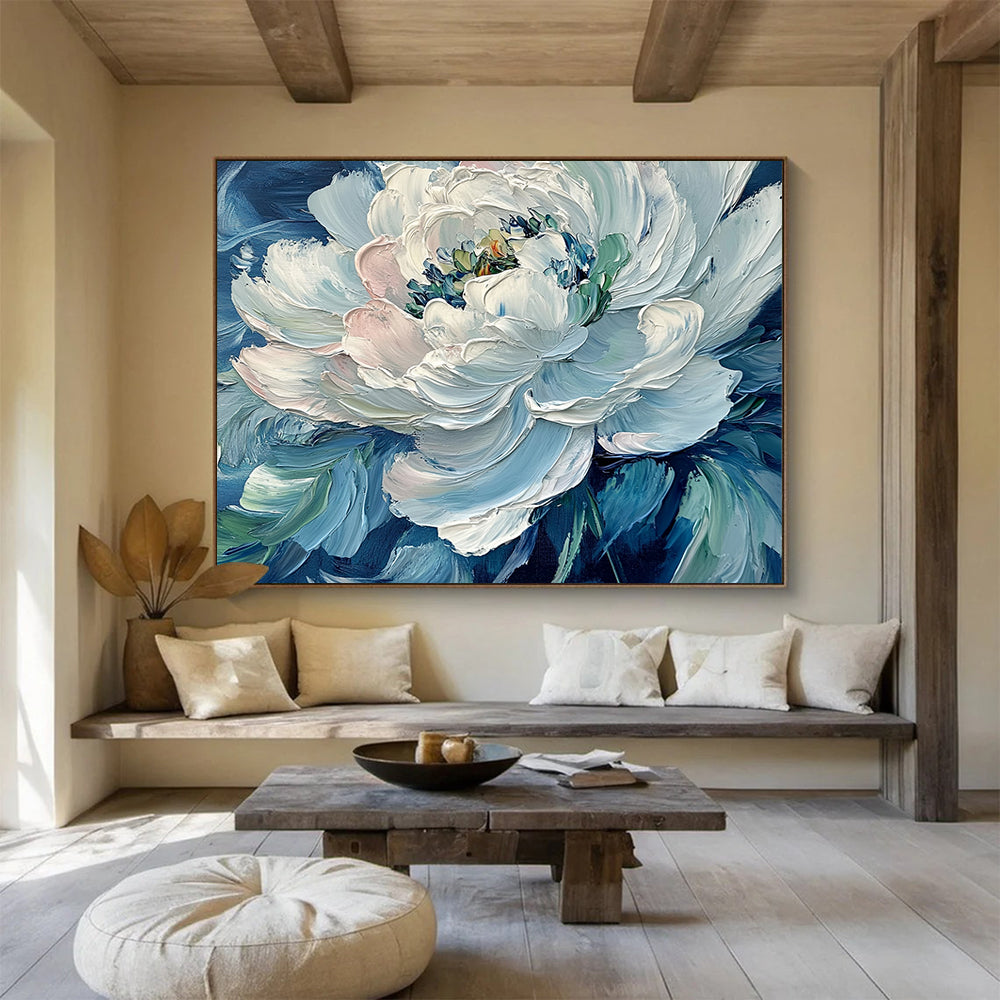 “Impasto White Peony on Blue” - White peony, blue background, thick brushstrokes, Impasto Floral Painting On Canvas HB0599