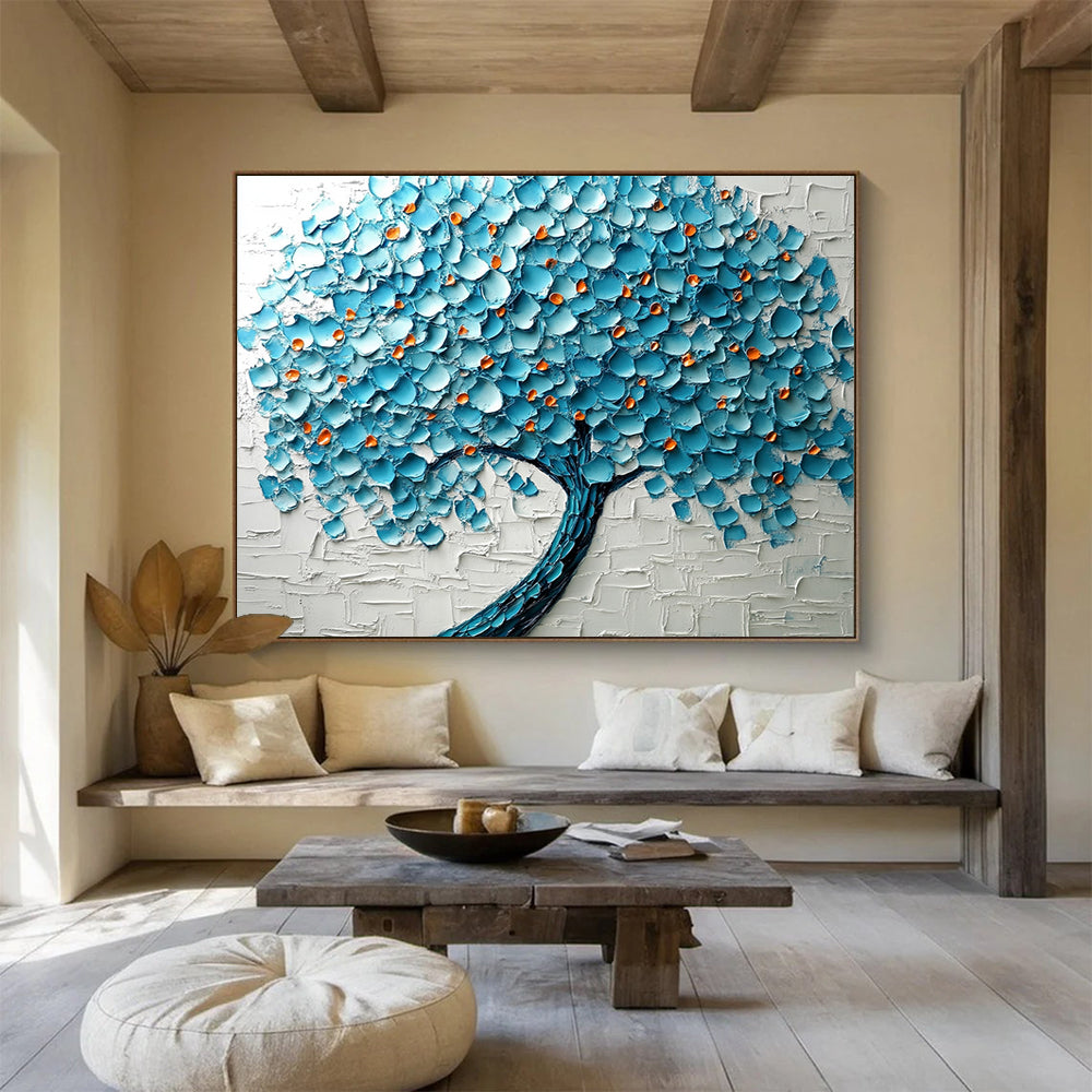 Blue, Orange and White Textured Tree "Vibrant Canopy" Painting On Canvas HB0424