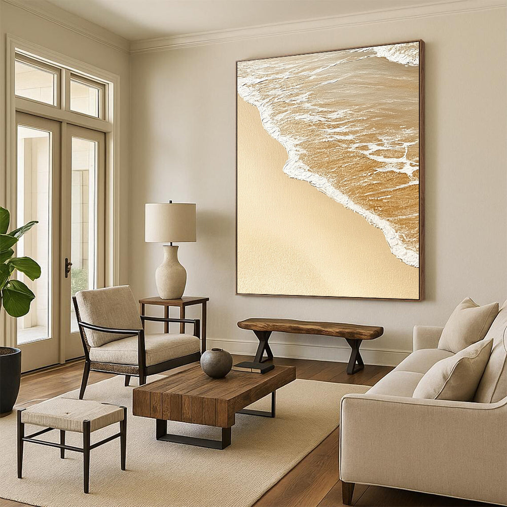 Contemporary abstract artwork capturing the serene meeting of sand and water, evoking tranquility with soothing beige and white tones. DLZ1211