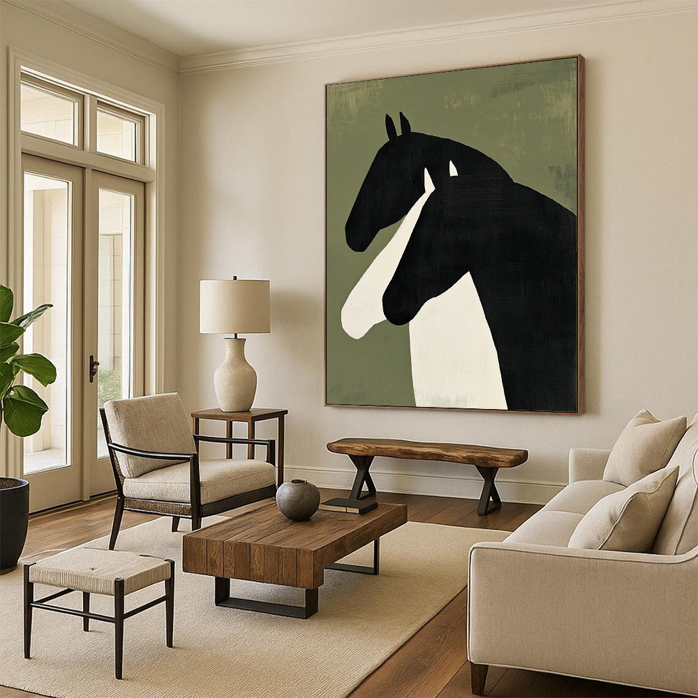 Contemporary abstract painting featuring two horses in profile – bold black shapes with white accents on green background, creating a striking minimalist visual. DLZ1325