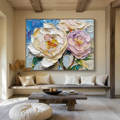 “Pastel Peony Pair” - Creamy Whites, Soft Pinks, Blues, Intricate Peony Blooms - Textured Oil Painting HB1717