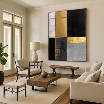 Black, White, Gold, Gray, Patchwork Squares "Gilded Mosaic Tiles" Abstract Minimalist Painting On Canvas HB162
