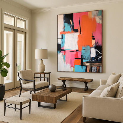 Contemporary abstract artwork featuring vibrant pink orange teal with bold black strokes large color blocks and dynamic shapes on a textured canvas. DLZ0903
