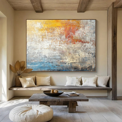 “Sunset Textures” - Yellow, Orange, Red, Blue, Layered Abstract Sunset Painting On Canvas HB1047