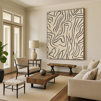 Contemporary abstract artwork featuring beige lines and shapes on a grey background, inspired by Matisse in elegant black ink. DLZ1072