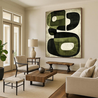 Contemporary hand-painted abstract art features organic shapes in olive green and black with a textured retro design reflecting mid-century modern aesthetics. DLZ0500