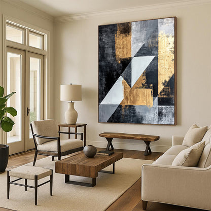 Dark Gray, Gold, Light Gray, White with Angular Shapes "Dynamic Geometry" Abstract Painting On Canvas HB013