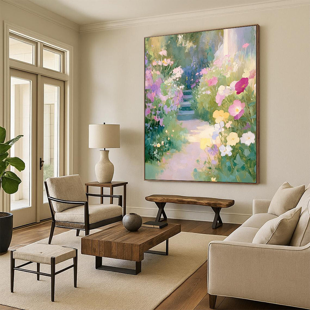 Contemporary hand-painted abstract art featuring an English garden with pastel wildflowers and a winding path leading to lush greenery. DLZ1502