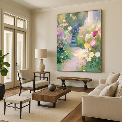 Contemporary hand-painted abstract art featuring an English garden with pastel wildflowers and a winding path leading to lush greenery. DLZ1502