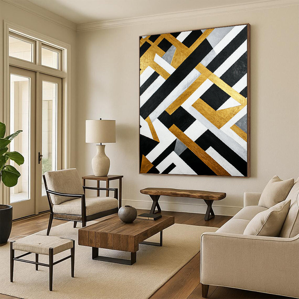 Black, White, Gold, Gray, Interlocking Shapes "Golden Grid" Abstract Modernist Painting On Canvas HB110