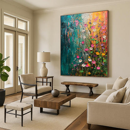 Contemporary abstract painting capturing spring's essence with vibrant flowers and trees in green blue pink and yellow accented by gold and silver textures. DLZ0644