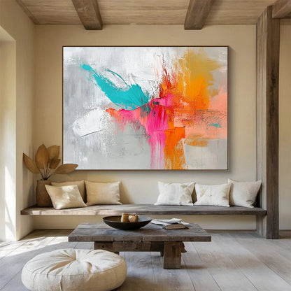 “Vibrant Color Clash” - Gray, teal, pink, orange; Dynamic abstract color strokes; Impasto Acrylic Painting On Canvas HB1206