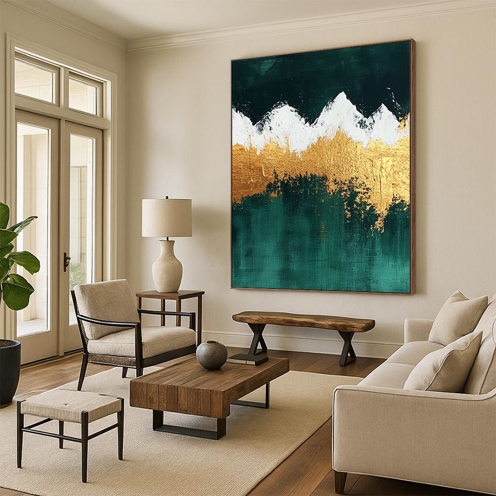 Contemporary hand-painted abstract art featuring gold and emerald green mountains with white snow enhanced by gold foil and textured surfaces. DLZ1321