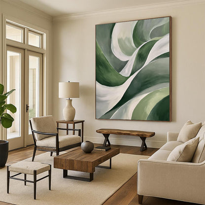 Contemporary hand-painted abstract art features smooth green leaf-like curves and white waves on a dark gray background, creating a striking visual impact. DLZ1209
