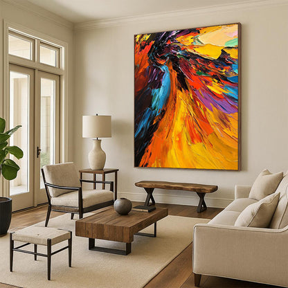 Contemporary abstract oil painting features a vivid angel with colorful wings highlighted by thick brushstrokes and dramatic lighting in a close-up view. DLZ0397