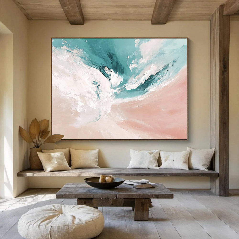 “Soft Blue - Pink Abstract Waves” - Blue, Pink, Abstract Waves Painting On Canvas HB0779