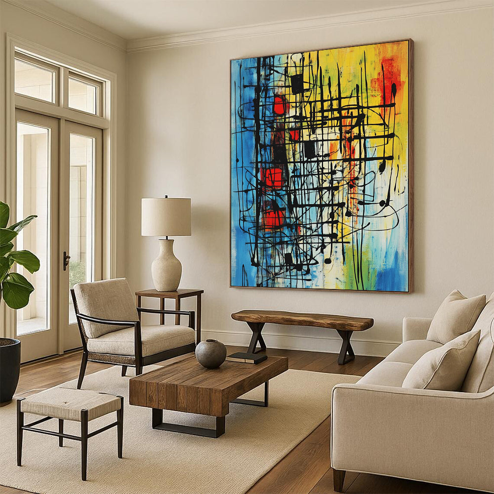 Contemporary abstract painting with vibrant colors and intricate patterns evokes movement and energy through bold lines and geometric shapes. DLZ1028
