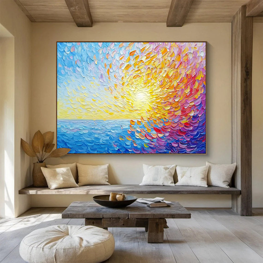 “Textured Sunset Sea” - Colorful, Textured, Sea, Sunset Painting On Canvas HB0750