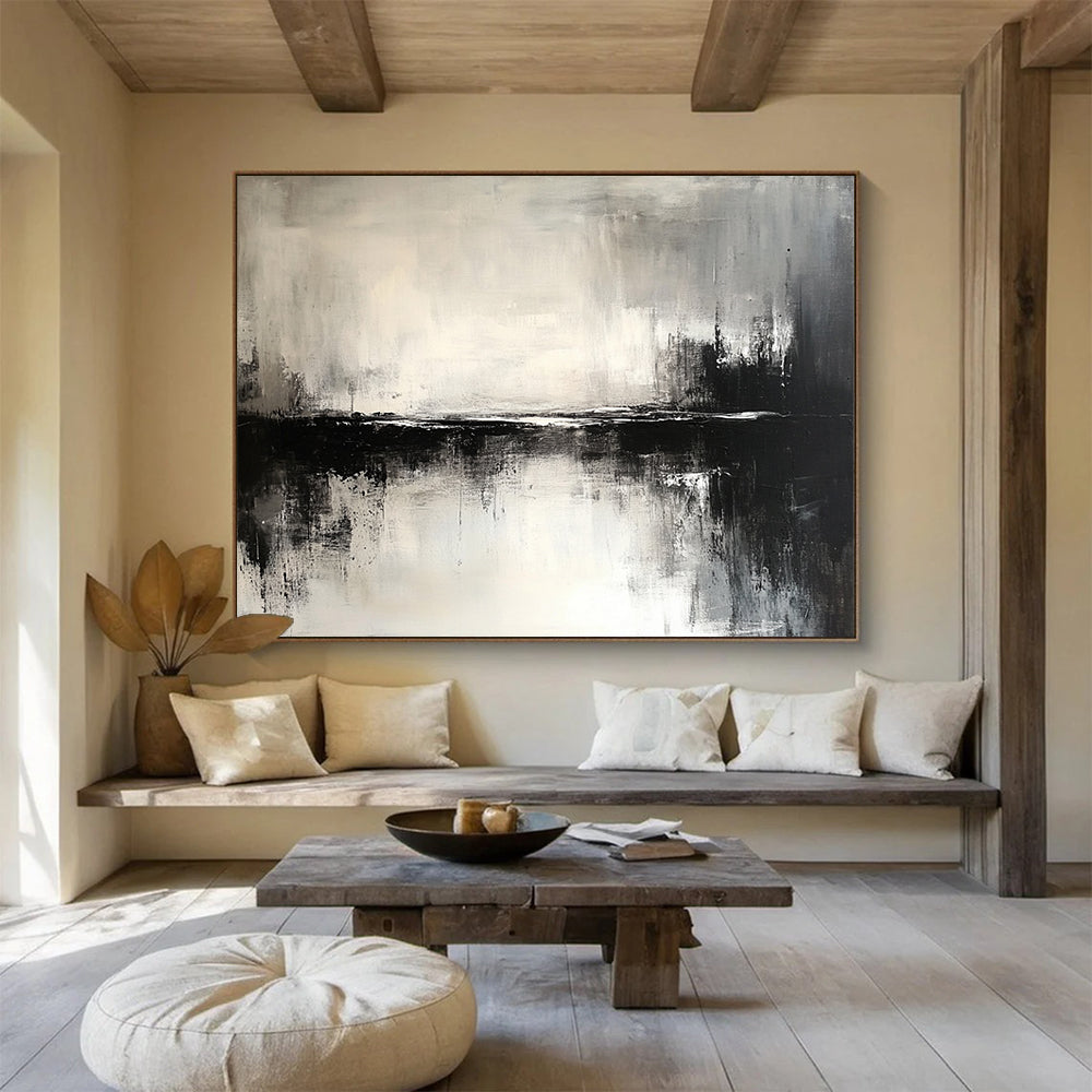 “Abstract Black - White Water Reflection” - Black, White, Reflective Textures Painting On Canvas HB0798