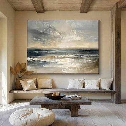 “Moody Ocean Horizon” - Greys, Browns, Blues, Dramatic Ocean - Impasto Oil Painting HB1603