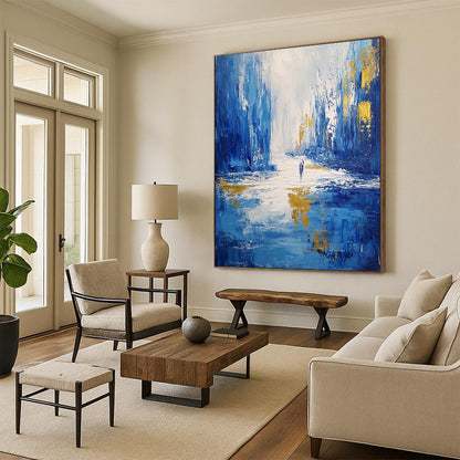 Contemporary abstract artwork featuring thick cold blue brush strokes depicting an icy cityscape with dynamic highlights and reflections on flowing water. DLZ0350