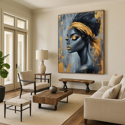 Contemporary abstract art featuring an elegant African woman with black and gold hair on a textured gray background adorned with gold paint splashes. DLZ0570