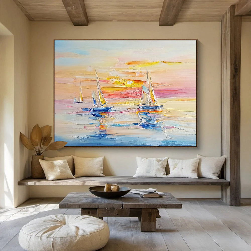 Sailboats at Sunset on Calm Waters - Impressionistic Seaside Painting On Canvas HB0454