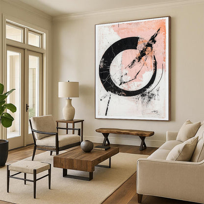Black, White, Pink, Textured Circle "Blush Enso" Abstract Zen - Inspired Painting On Canvas HB091