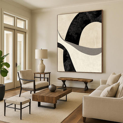 Contemporary abstract art featuring a fluid black and white "F" design on a beige background, evoking movement and a dreamy atmosphere. DLZ1221
