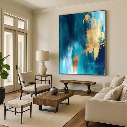 Contemporary abstract artwork featuring vibrant blue and gold foil accents against a rich teal background perfect for modern decor. DLZ0342