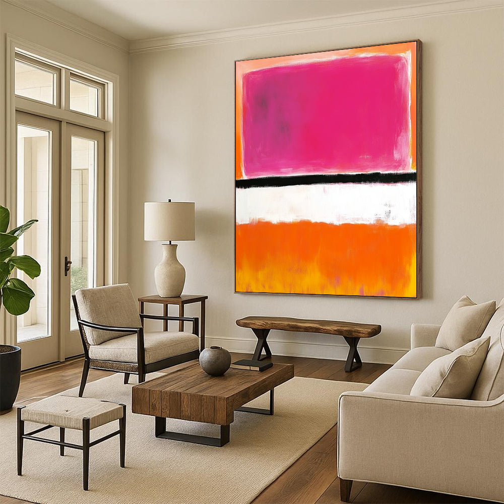 Contemporary hand-painted abstract art showcasing shades of pink, orange, and white with a striking black line in the center. DLZ1306